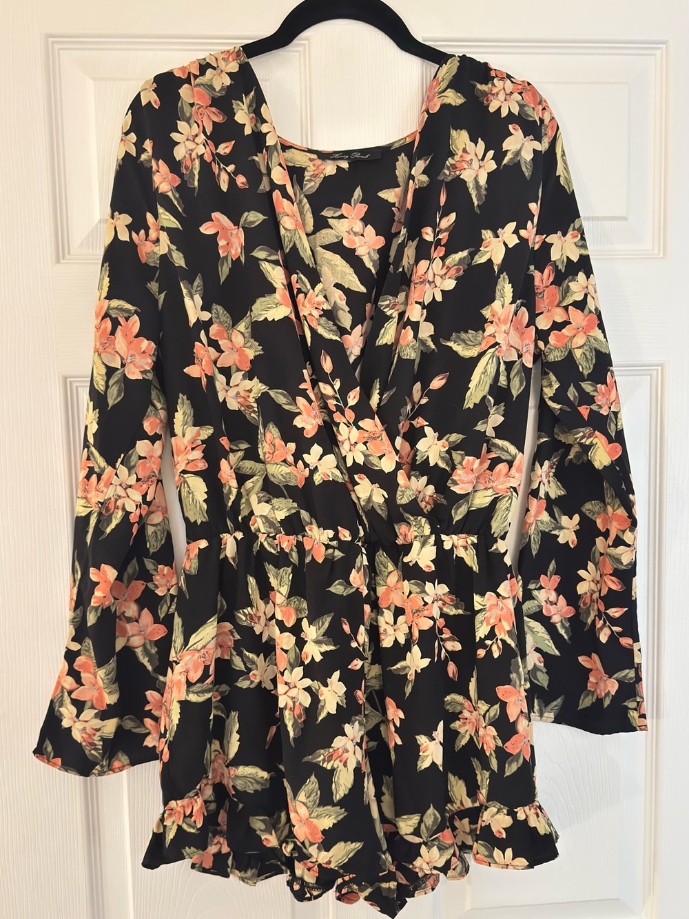 Honey Punch Black Floral Surplice Romper with Floral Design